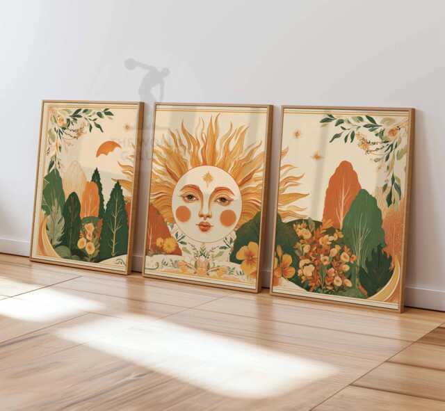 Boho Sun & Botanical Wall Art Set Of 3, Retro Face Poster Set, Floral Landscape Prints, Earthy Bohemian Decor For Living Room - image 1