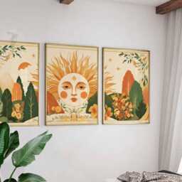 Boho Sun & Botanical Wall Art Set Of 3, Retro Face Poster Set, Floral Landscape Prints, Earthy Bohemian Decor For Living Room - thumbnail 3
