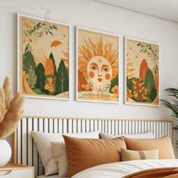 Boho Sun & Botanical Wall Art Set Of 3, Retro Face Poster Set, Floral Landscape Prints, Earthy Bohemian Decor For Living Room - thumbnail 2