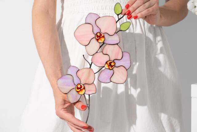 Stained Glass Orchid Flower Wall Hanging Blooms On The Stem Decor Floral Centerpiece Botanical Art Housewarming Gift Faux - image 1