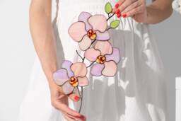 Stained Glass Orchid Flower Wall Hanging Blooms On The Stem Decor Floral Centerpiece Botanical Art Housewarming Gift Faux