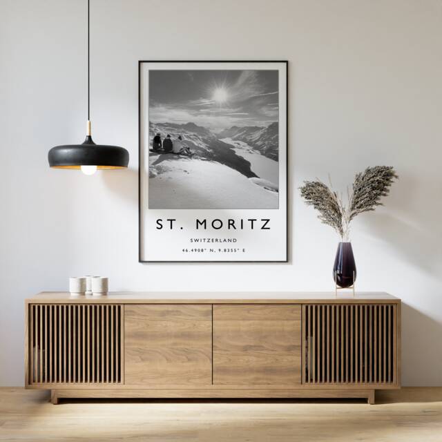 st Moritz Ski Print Switzerland Travel Poster, Black & White - image 1