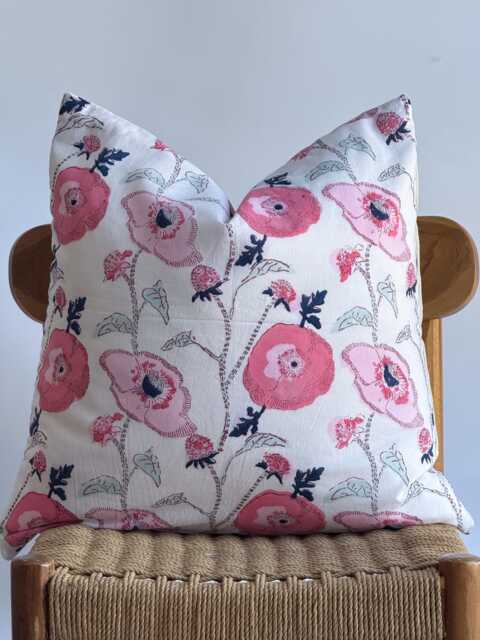 Floral Block Print Pillow Cover Pink Botanical Farmhouse Decor - image 1