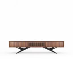 Walnut Mid Century Modern Tv Stand, Slatted Door Lowboard - thumbnail 2