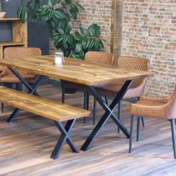Louth Xf Dining Table Solid Wood Chamfer Edge - Industrial X Frame Steel Legs Modern Rustic Interior Design Cozy Natural & Stylish - thumbnail 3