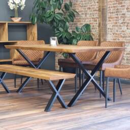 Louth Xf Dining Table Solid Wood Chamfer Edge - Industrial X Frame Steel Legs Modern Rustic Interior Design Cozy Natural & Stylish - thumbnail 2