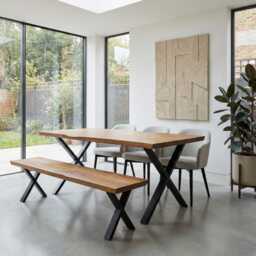 Louth Xf Dining Table Solid Wood Chamfer Edge - Industrial X Frame Steel Legs Modern Rustic Interior Design Cozy Natural & Stylish