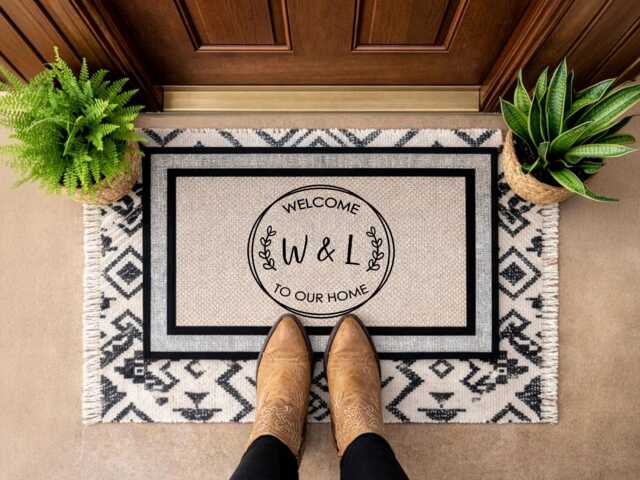 Warmly Welcome Guests With A To Our Home Custom Doormat - Wreath Family Mat For Your Doorway All Weather Initial Rug - image 1