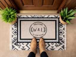 Warmly Welcome Guests With A To Our Home Custom Doormat - Wreath Family Mat For Your Doorway All Weather Initial Rug