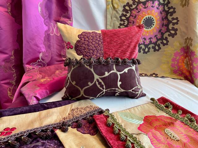 Embroidered Raw Silk Pillow Cover Bohemian Orange Magenta Velvet Cushion - image 1