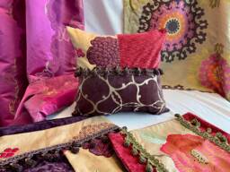 Embroidered Raw Silk Pillow Cover Bohemian Orange Magenta Velvet Cushion - thumbnail 1