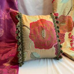 Embroidered Raw Silk Pillow Cover Bohemian Orange Magenta Velvet Cushion - thumbnail 2