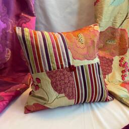 Embroidered Raw Silk Pillow Cover Bohemian Orange Magenta Velvet Cushion - thumbnail 3