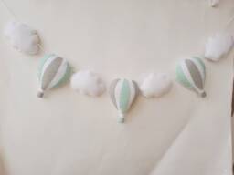 Hot Air Balloon Garland, Boys Room, Nursery Decor, Adventure, Kids Wall Hanging, New Baby Gift, Clouds, Nursery, Felt Mint, Grey - thumbnail 1
