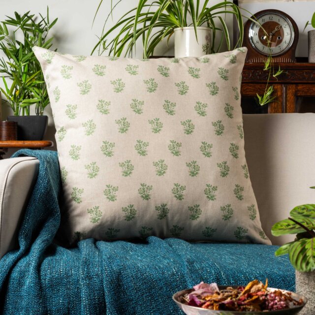 Posy Print Linen Look Extra-Large Cushion Cover in Sage Green. Dainty Floral Olive Green, Effect Background. 23X23 - image 1
