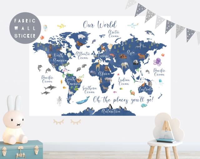 Animal World Map Fabric Wall Sticker Nursery Art - image 1