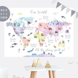 Animal World Map Fabric Wall Sticker Nursery Art - thumbnail 2