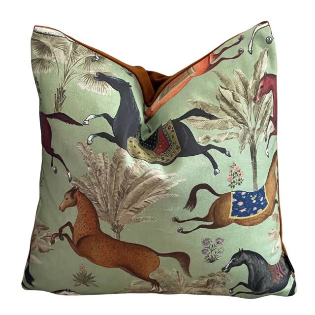 Arabian Horses Cushion Cover Green Animal Print Velvet Pillowcase - image 1