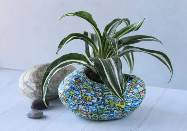 Polymer Clay Coated Ceramic Planter Succulent Pot Green Teal Brown - image 1
