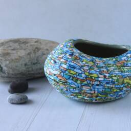 Polymer Clay Coated Ceramic Planter Succulent Pot Green Teal Brown - thumbnail 3