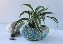 Polymer Clay Coated Ceramic Planter Succulent Pot Green Teal Brown
