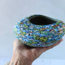 Polymer Clay Coated Ceramic Planter Succulent Pot Green Teal Brown - thumbnail 2