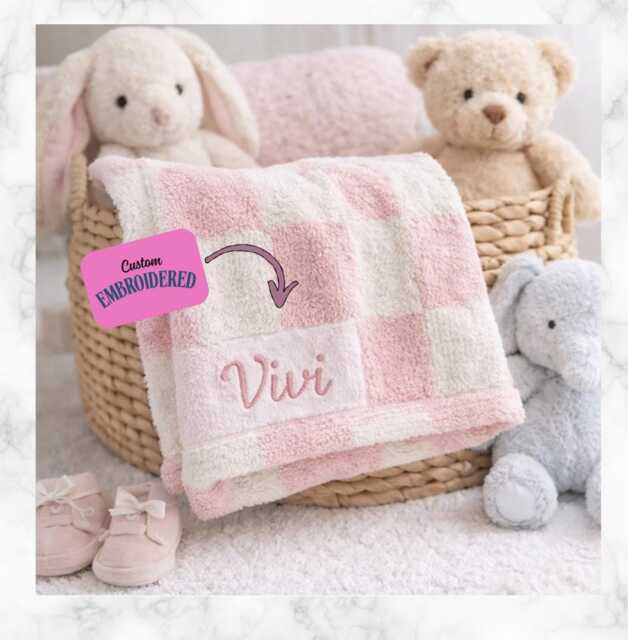 Personalized Checkered Baby Blanket, Embroidered Name, Plush Newborn Gift - image 1