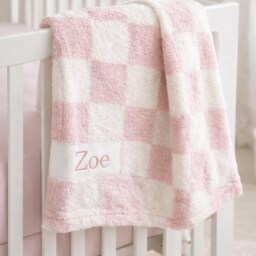 Personalized Checkered Baby Blanket, Embroidered Name, Plush Newborn Gift - thumbnail 4
