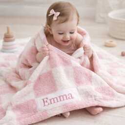 Personalized Checkered Baby Blanket, Embroidered Name, Plush Newborn Gift - thumbnail 3