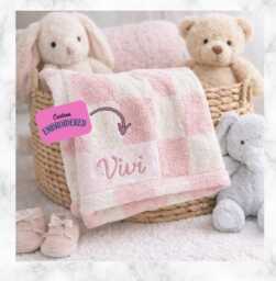Personalized Checkered Baby Blanket, Embroidered Name, Plush Newborn Gift - thumbnail 1