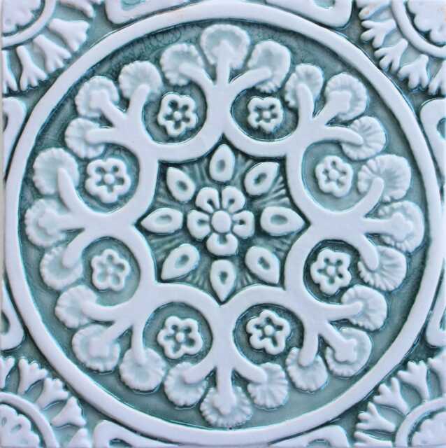 Ceramic Floral Wall Art Tile Suzani Design, Aqua & White - 20cm/7.9 - image 1