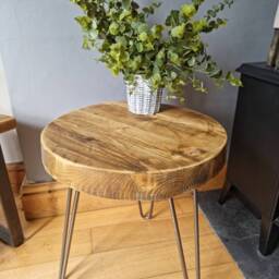 Chunky Round Rustic Side/ Coffee Table, With Steel Hairpin Legs - Farmhouse Furniture Reclaimed Wood Industrial End Table Chic Decor - thumbnail 2