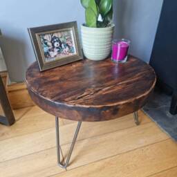 Chunky Round Rustic Side/ Coffee Table, With Steel Hairpin Legs - Farmhouse Furniture Reclaimed Wood Industrial End Table Chic Decor - thumbnail 3