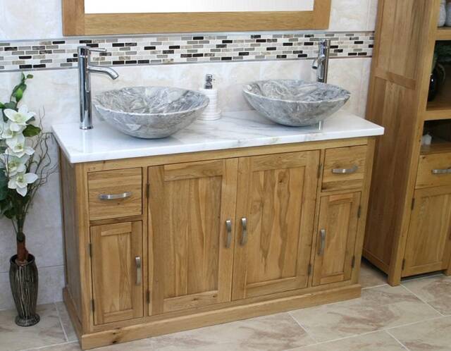 Solid Oak Bathroom Vanity Unit Cabinet Twin Marble Bowl Basin Tap Plug 402Wmsbcx2 - image 1