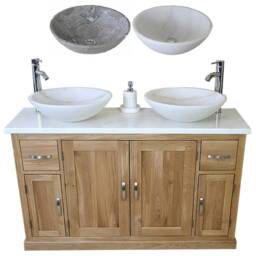 Solid Oak Bathroom Vanity Unit Cabinet Twin Marble Bowl Basin Tap Plug 402Wmsbcx2 - thumbnail 2