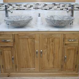 Solid Oak Bathroom Vanity Unit Cabinet Twin Marble Bowl Basin Tap Plug 402Wmsbcx2 - thumbnail 3