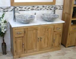 Solid Oak Bathroom Vanity Unit Cabinet Twin Marble Bowl Basin Tap Plug 402Wmsbcx2 - thumbnail 1