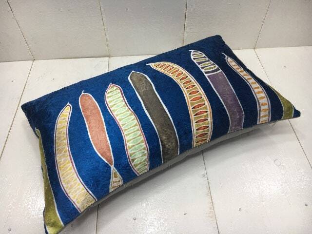 Handwoven Silk Ikat Pillow Cover 12x20 - Blue Velvet Replica - image 1