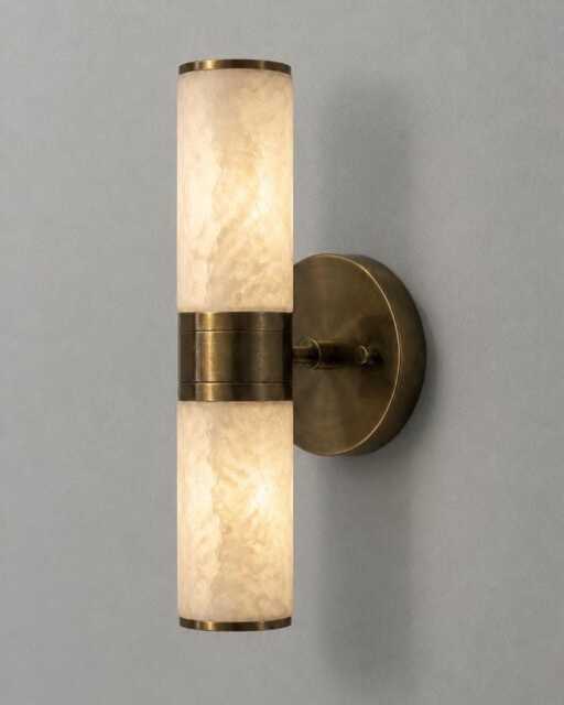 Raw Brass Wall Sconce With Alabaster Double Shade, Mid Century Bedside Lamp, Luxury Alabaster Marble Wall Sconce Vanity Light - image 1