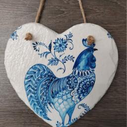 Blue Rooster Slate Heart Wall Hanging Decoupage Cockerel Decor - 15cm - thumbnail 2