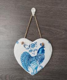 Blue Rooster Slate Heart Wall Hanging Decoupage Cockerel Decor - 15cm