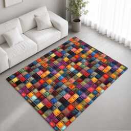 Multicolour Quilted Patchwork Square Rug Non-Slip Soft Area Carpet Bedroom Living Room Hallway Mat Decor - Made in UK