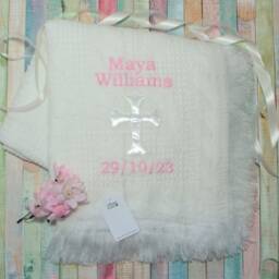 Personalised Baby Shawl Embroidered Christening Blanket With White Satin Cross Newborn Babies Naming Or Dedication Day - Girls Gift