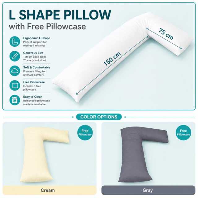 Orthopaedic L Shape Body Pillow - Full Support With Free Polycotton Pillowcase Filled Pregnancy Side Sleeper Cushion - image 1