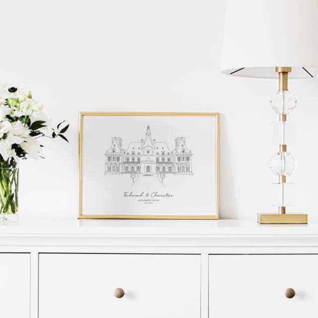 Hand Drawn Wedding Venue Print, Line Art Sketch, Gift, 1st Anniversary Present, Personalised Couple Custom Print - image 1