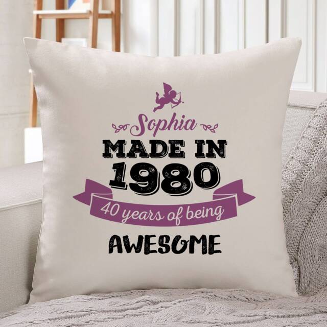 Personalised Made in Birthday Cushion With Angel/1980 Gift For Women 30Th, 40Th, 50Th, 60Th, 70Th, 80Th Birthday, Gift - image 1