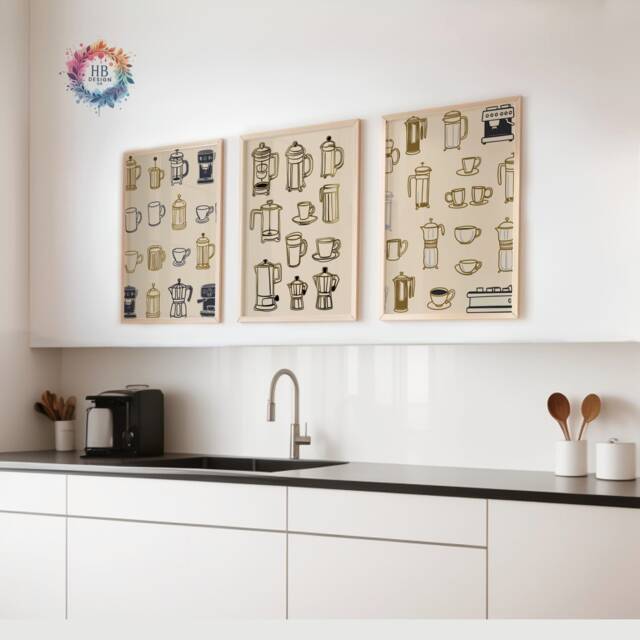 Coffee Poster Prints - Set Of 3 - Gold & Silver Kitchen Wall Art Retro Decor Gallery Lover Gift Artwork - image 1