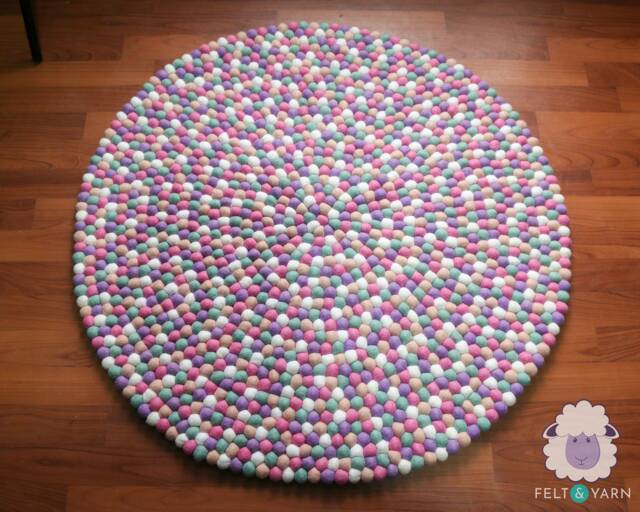 Wool Felted Ball Rug With Pinkish Tone - Carpet Handmade Pom Nursery Play Mats For Kids - image 1
