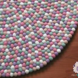 Wool Felted Ball Rug With Pinkish Tone - Carpet Handmade Pom Nursery Play Mats For Kids - thumbnail 2