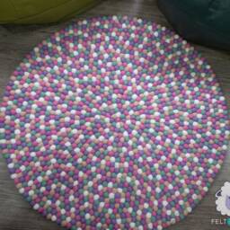 Wool Felted Ball Rug With Pinkish Tone - Carpet Handmade Pom Nursery Play Mats For Kids - thumbnail 4
